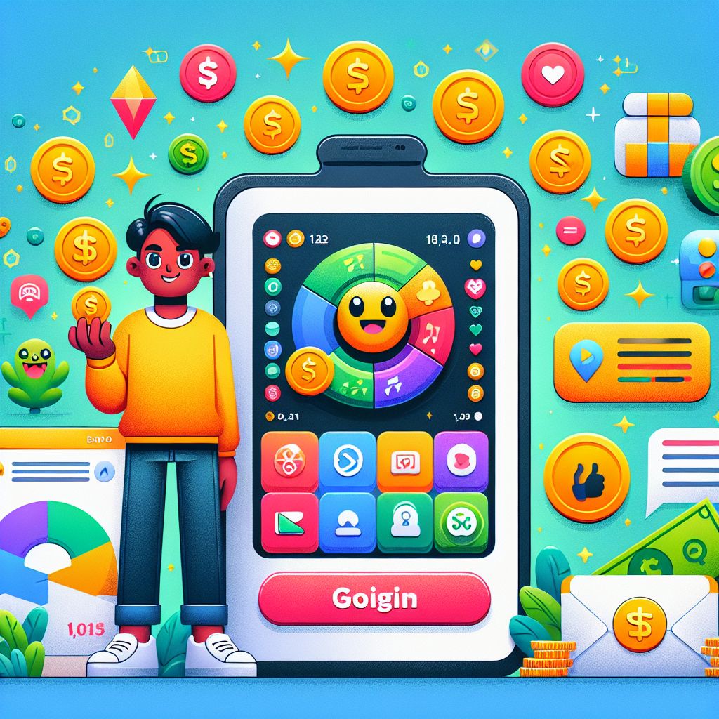 BDT555 app cartoon character holding a smartphone with app interface and coins