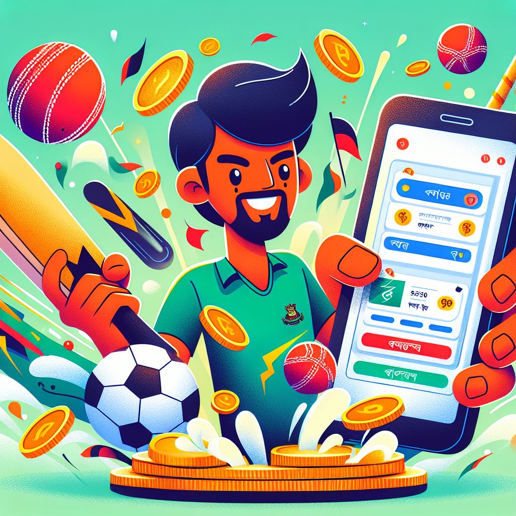 BDT555 betting themed cartoon character with a phone showing live odds and sports icons