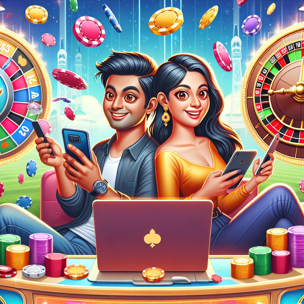 Cartoon casino character with chips, cards, and a mobile phone showing BDT555 casino
