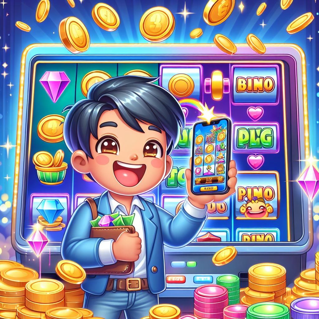 Cartoon-style character spinning a slot machine with coins and BDT555 themed symbols